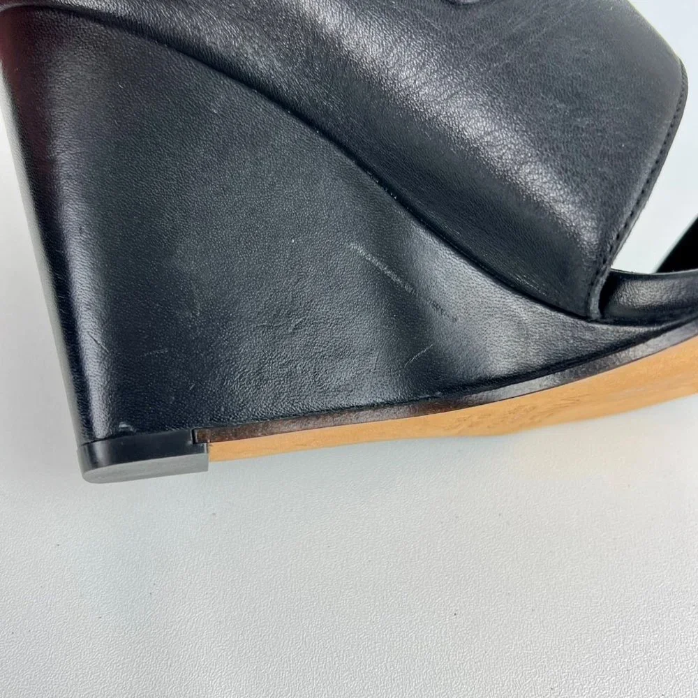 Vince Karima Wedge Mule Slide Sandals Black Leather Silver Detail size 8.5